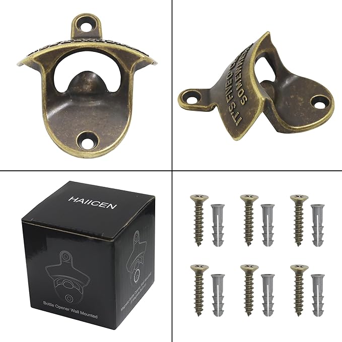 Antique Bottle Opener Wall Mount, IT'S FIVE O'CLOCK SOMEWHERE Post Mounted Beer Cap Opener Bronze for Kitchen Cabinet (3 PCS)