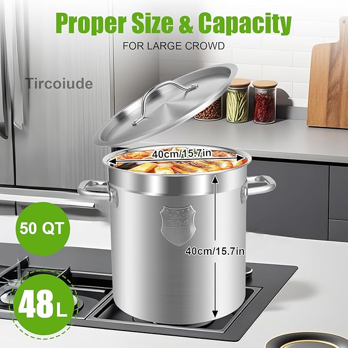 48L/50 Quart Stainless Steel with Lid Stock Pot, Large Cooking Pots, Heavy Duty Cookware Duty Induction Soup Bucket Suitable for large group activities in the kitchen