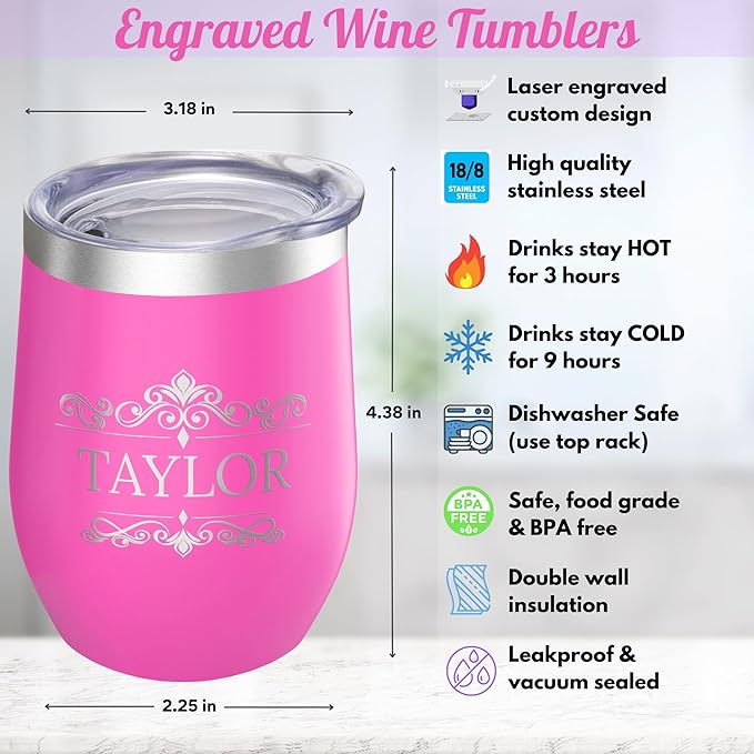 Gifts Inscribed Personalized Wine Tumbler with Lid – Pink Custom Engraved Stainless Steel Insulated Mug for Hot & Cold Drinks – Customized Bridesmaid, Wedding, or Birthday Gift