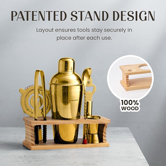 Modern Mixology Cocktail Shaker Set - 8 Piece Bartender Kit with Martini Shaker and Popular Bar Accessories on Quality Pine Stand - Leak Proof Design (Gold)
