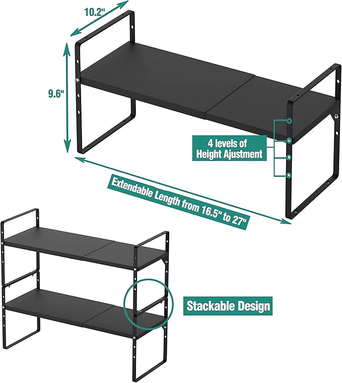 Expandable Metal Shelf, 4-Tier Heavy Duty Kitchen Counter Shelf Organizer, Adjustable Shelf for Cabinet, Pantry, Countertop, 80lbs Capacity