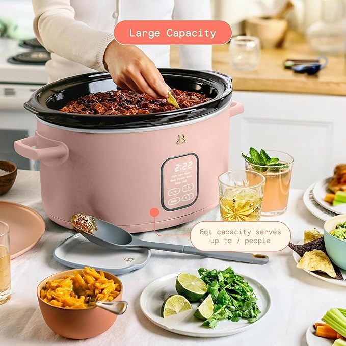 Beautiful 6 Qt Programmable Slow Cooker by Drew Barrymore - 5 Preset Cooking Functions, Digital Countdown Timer, Dishwasher-Safe Parts, and Cool-Touch Handles (Rose)