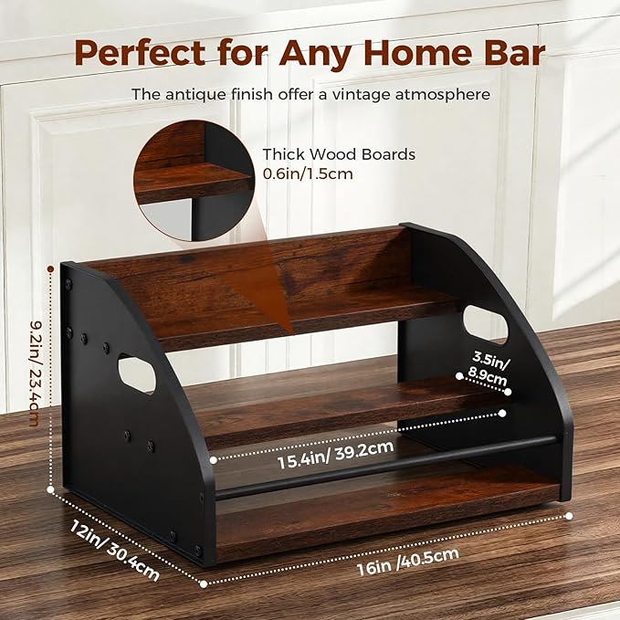 Liquor Bottle Display Shelf, 3 Tier Countertop Wine Rack, Coffee Syrup Rack Organizer Mini Bar Home, Whiskey Organizer with Handles, Retro Bar Shelf Stand for Liquor Spirits