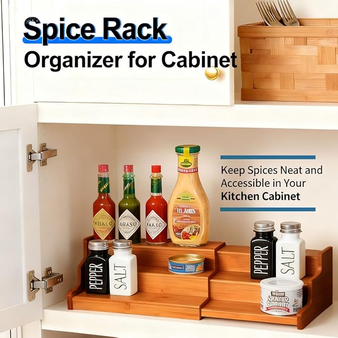 JinDoWin Spice Organization for Cabinet Spice Organizer, 3-Tier Spice Rack Organizer for Cabinet, Multi-Use Seasoning Rack (1, Dark Bamboo)