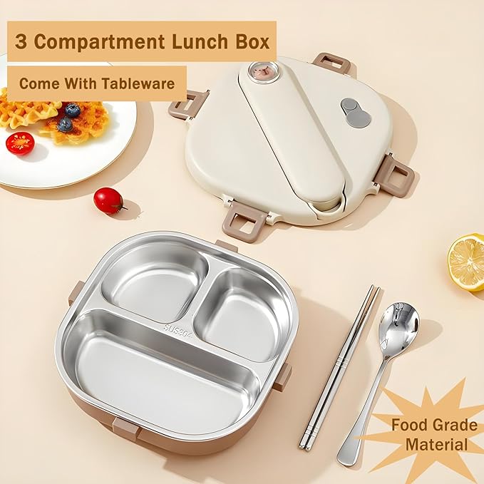 Stainless Steel Bento Box, 800ml Leakproof Lunch Box, Easy To Open And Close, Food Storage Container For Outings, Picnics, And Travels (3 Compartments)