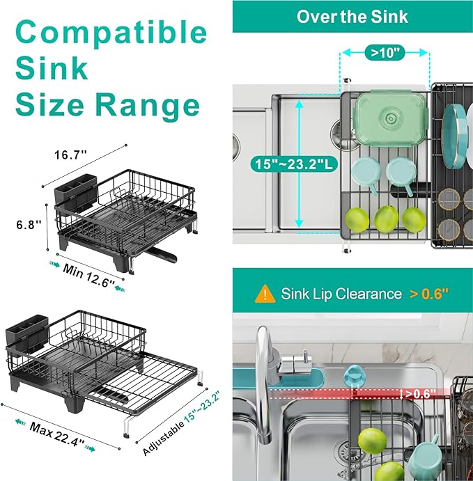 Swedecor Extendable Dish Drying Rack, Large 2-in-1 Dish Racks for Kitchen Counter with Drainboard & Pan Slots, Anti-Rust Over Sink Dish Drainer, 12.6" to 22.4" L x 16.7" W, Black