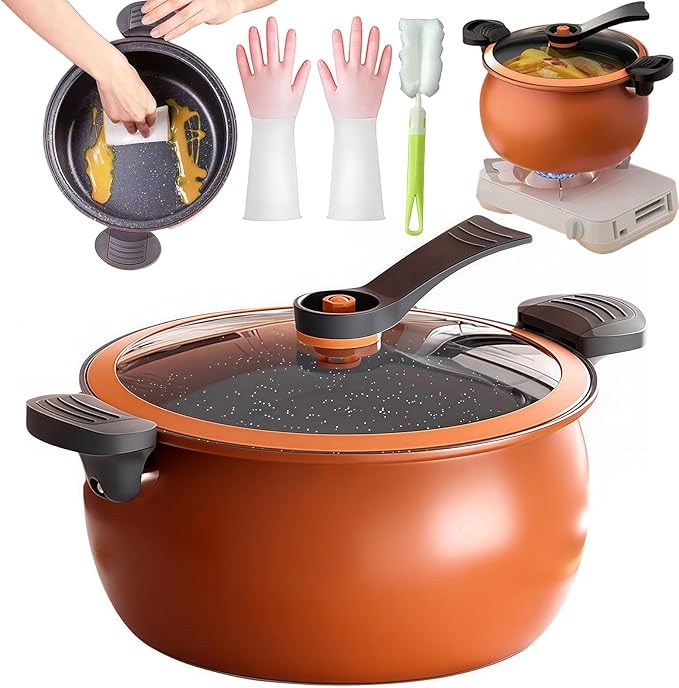 Multifunctional Large Capacity Non-stick Pressure Cooker, 8QT Micro Pressure Cooker, Family-Size Fast Cooking Pot with Anti-Scalding Handle & Visual Glass Lid for Family Meals, Soups, Stews (Orange)