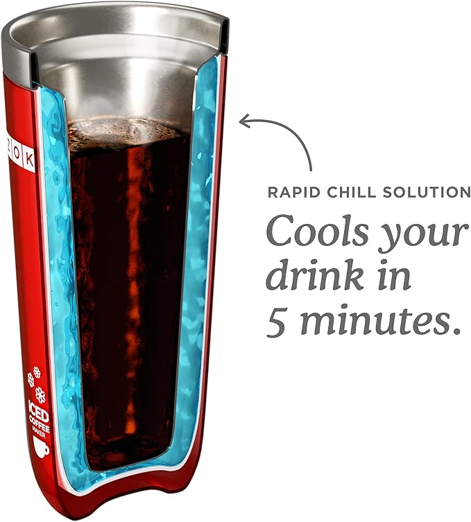 Zoku Instant Iced Coffee Maker, Reusable Beverage Chiller Cools Hot Beverages in Minutes Without Dilution, Portable 11-ounce Tumbler With Spill-resistant Lid and Straw, Red