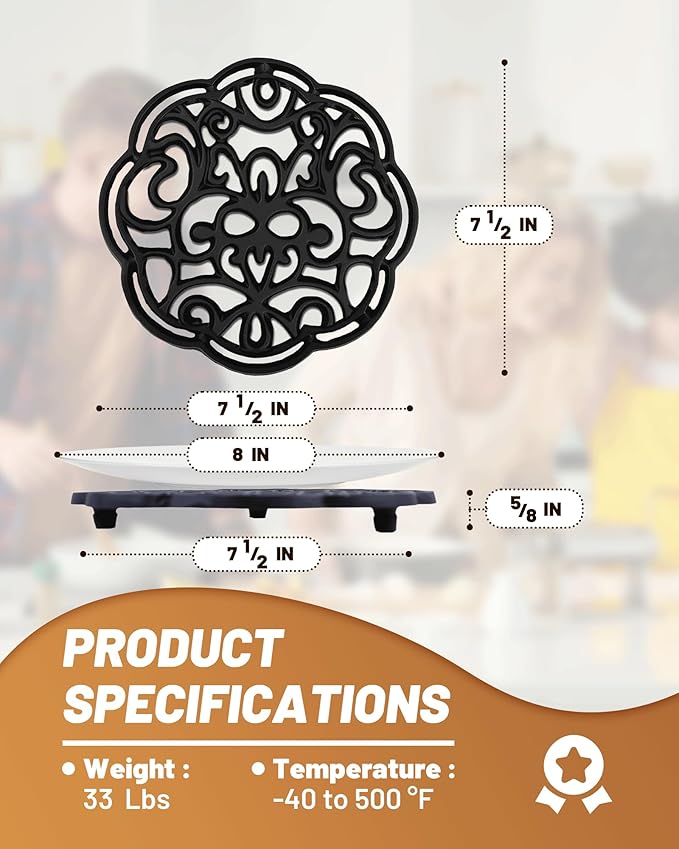 Black Floral Cast Iron Trivet 2-Pack for Kitchen & Dining - Decorative Flower Pattern Hot Dish Pads, Heat Resistant Pot Holders with Raised Design for Table, Counter & Wood Surface Protection