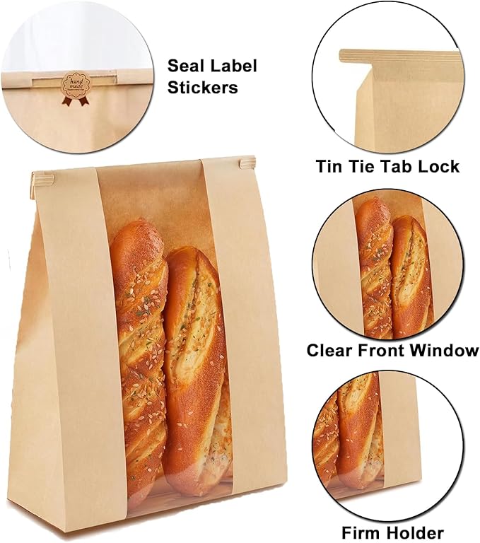 60 Pack thicker Large Paper Bread Bags,for Homemade Bread(13.7x8.2x3.7in)& Tin Tie Tab Lock.with Window Sourdough bags &75pcs Sealing Stickers,for Packaging and Storage of Baked Goods