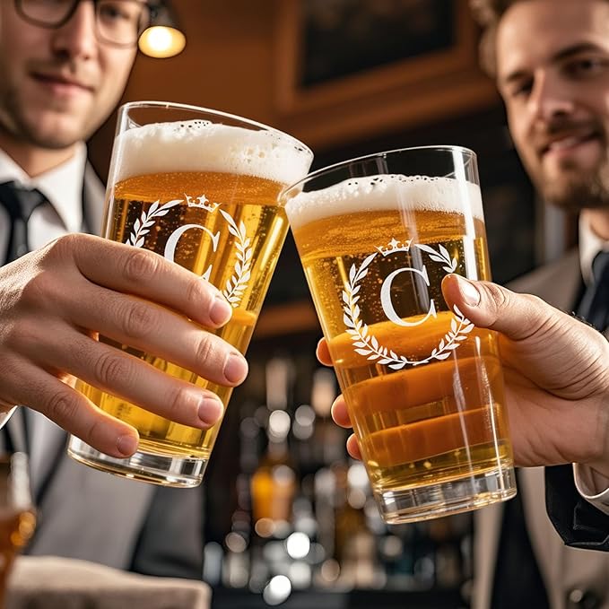 Personalized Beer Glasses Gifts for Men, 16 oz Pint Glasses Monogrammed A-Z Drinking Glass Cups Customized Gift, Unique Christmas Anniversary Birthday Gifts for Men Him Dad Brother Husband Grandpa (C)