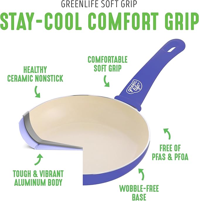GreenLife 16 Piece Nonstick Cookware Set, Soft Grip Non-Toxic PFAS-Free Ceramic Pots & Pans, Dishwasher & Oven Safe, Frying, Sauce, Utensils, Glass Lids, Stay-Cool Handles, Wobble Free, Periwinkle