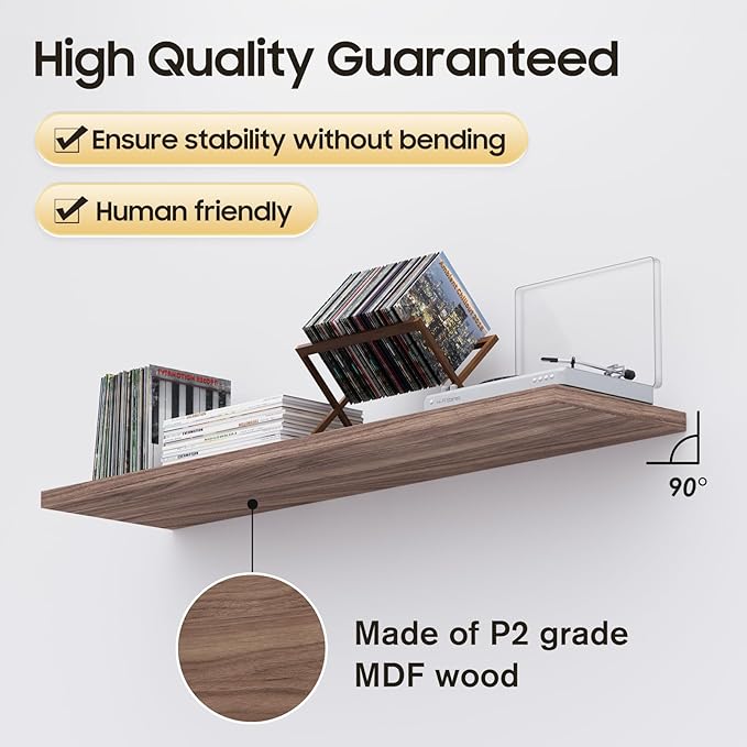 Wall Shelf Set of 3, Walnut Floating Shelves 36 in W x 10 in D x 1 in H, Wooden Floating Wall Shelf with Invisible Brackets for Living Room/Bedroom/Bathroom/Kitchen Storage and Decor