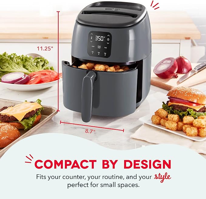 DASH Tasti-Crisp™ Electric Air Fryer Oven, 2.6 Qt., Grey – Compact Air Fryer for Healthier Food in Minutes, Ideal for Small Spaces - Auto Shut Off, Digital, 1000-Watt