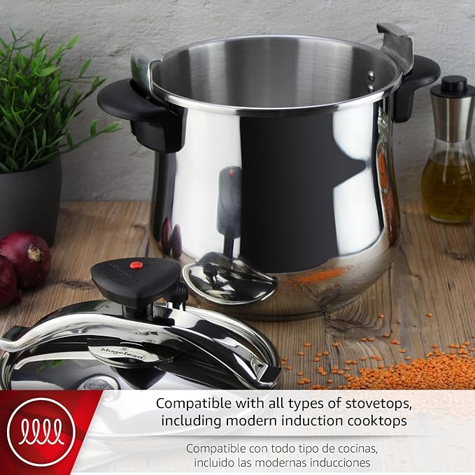 MAGEFESA Star Belly Pressure Cooker 10.6 Qt – 18/10 Stainless Steel, Rounded Bottom, 3 Safety Systems, Works on All Stovetops Including Induction, 8 PSI