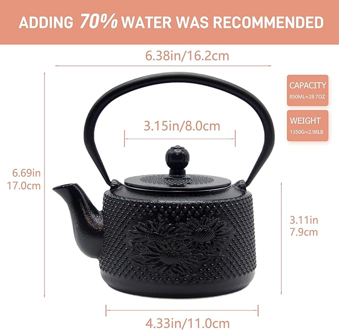 Cast Iron Teapot with Sunflower Pattern,SECHUDO Tea Kettle Coated with Enameled Interior for Loose Tea,Cast Iron Teapot with Stainless Steel Infuser for Stovetop Safe (28.7oz-Black)