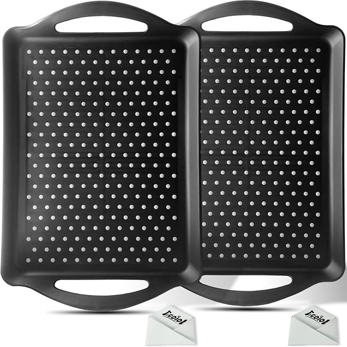 Non Slip Food Serving Tray with Handles, 2-Pack Rectangle Anti-Slip Non-Toxic Dishwasher Safe Tray for Snack Fruit Dessert Breakfast Drink,Black
