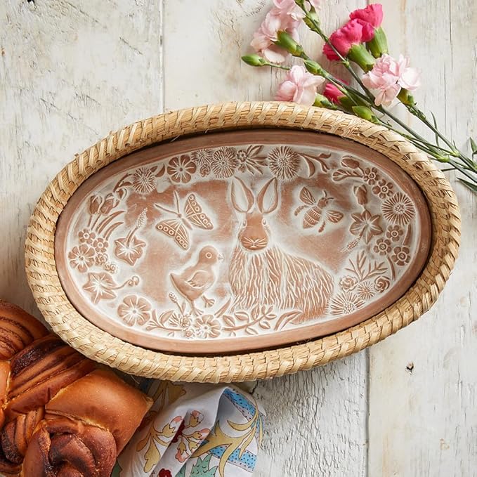 Bread Basket with Terracotta Warmer, Bread Basket for Serving, Sized 12.5" w x 8.5" d x 3.5" h, Nature Inspired Spring Friends Design
