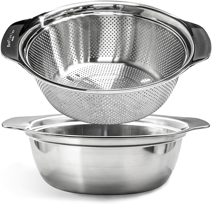 2PCS 3.5-Quart Kitchen Strainer Colander Made of 304 Stainless Steel with Handle Ideal for washing fruits, vegetables, and pasta Easy to clean