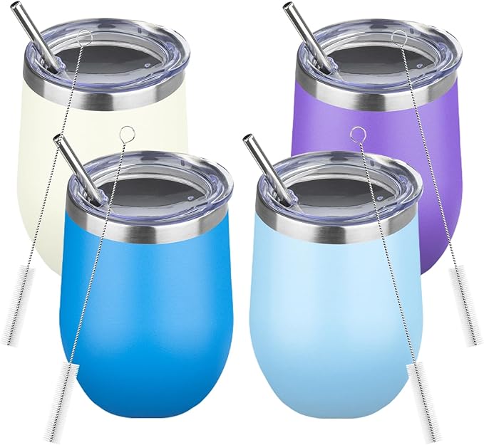 12oz/4 Pack Stainless Steel Wine Tumbler with Lids, Double WallVacuum Stainless Steel Travel Tumbler,Insulated Wine GlassesTravel Tumbler for Cold & Hot Drinks,Cup for Champaign Coffee（Blue + Purple）