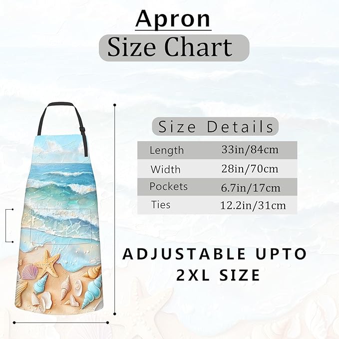 Beach Scene Apron,Oxford Fabric Adjustable Kitchen Apron with 2 Pockets,Waterproof Cooking Aprons for Men Women Mom Wife Dad,Ideal Gifts for Coffee House,Shop,Baking,BBQ,Housewarming,28x33in