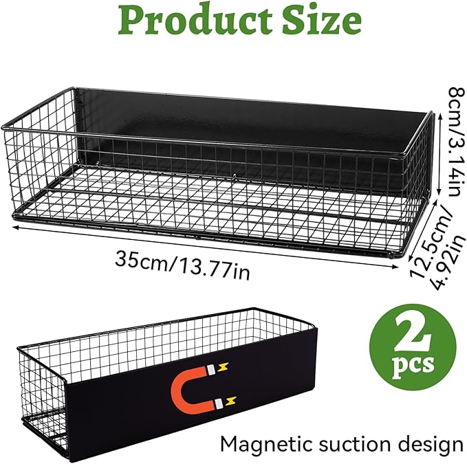 2 Pack Magnetic Basket for Fridge, Magnetic Spice Rack for Side of Refrigerator, Magnet Wire Bin Basket Fridge Shelf Organizer Kitchen Classroom Whiteboard Pantry Office Laundry Storage, Black