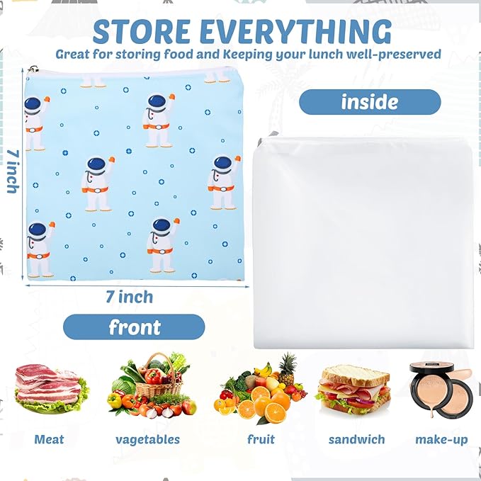 Chumia 6 Pcs Reusable Snack Bags Christmas Gifts Food Safety Washable Snack Bags Lunch with Zipper Portable Sandwich Bag Food Storage Pouch Double Layer(Astronaut,7 x 7 Inches)