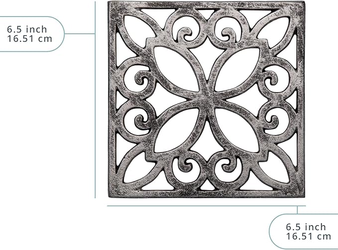 Comfify Decorative Cast Iron Trivet – Square Pattern for Kitchen or Dining Table – 6.5 x 6.5 with Rubber Feet – Recycled Metal – Rustic Design – Rust Silver Color