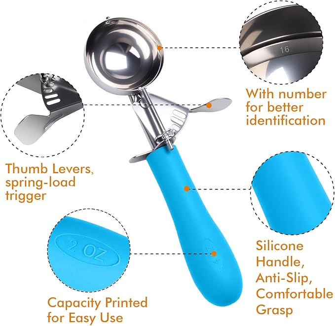Ice Cream Scoop with Trigger, 2 OZ Scoop, #16 Disher, Muffin Scoop, Large Cookie Scoops for Baking, Blue Handle, for Portion Control, Dishwasher Safe, Comfortable Grip