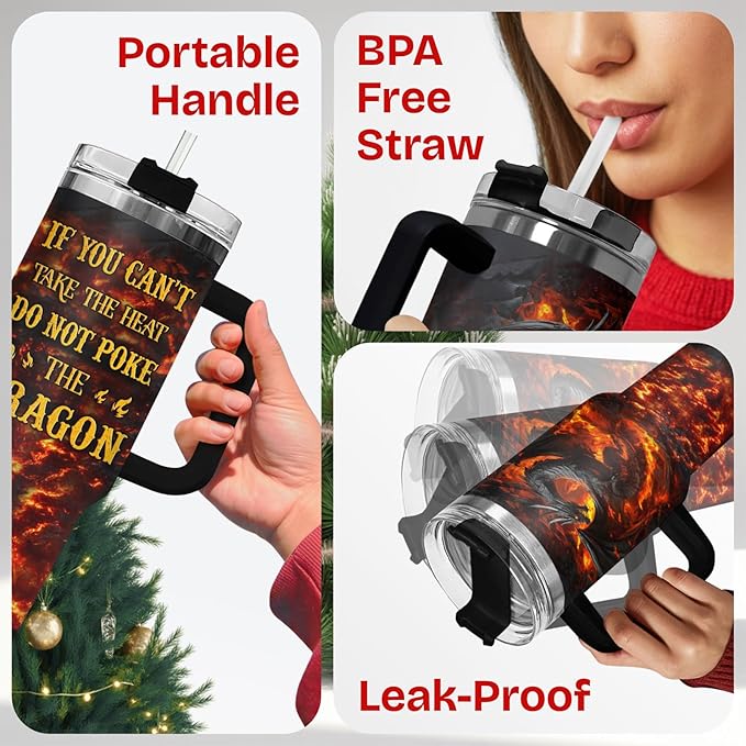 34HD Dragon Coffee Tumbler with Handle & Straw, 40oz Do Not Poke The Dragon Mug, Gifts for Fathers Day Birthday Christmas, Unique Gifts for Dad Brother Friend Uncle Boyfriend Boy