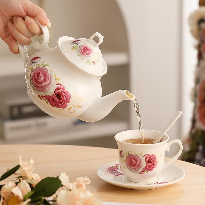 20-Pieces Porcelain Tea Sets For Women, Tea Set For Adult with Golden Metal Rack,Tea Gift Sets for Home&Party(014)
