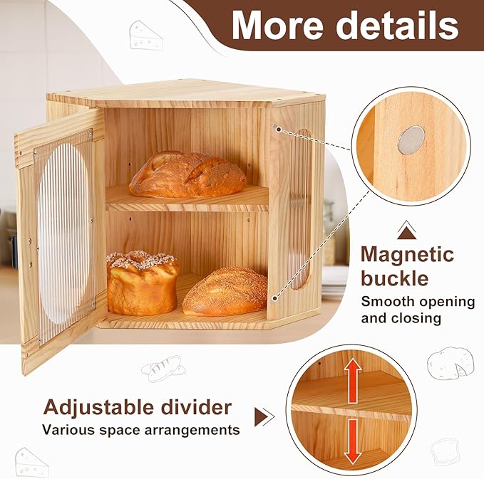 Sunhoo Bread Box for Kitchen Countertop Corner Bread Storage Wooden Breadbox Container 2 Layer Bread Holder Keeper Large Farmhouse Bread Bin Shelf for Homemade Pantry Vintage Acrylic Window(Yellow)