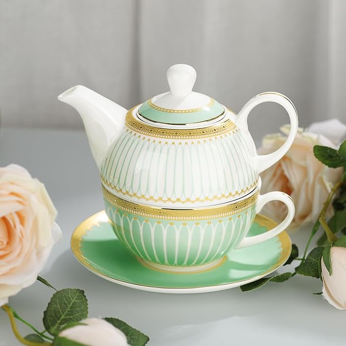 fanquare Tea for One with Gold Trim, Green Teapot Set for Adults, Ceramic Coffee Cup with Saucer, Classic Stripes