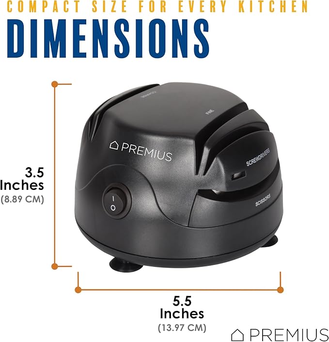 3-In-1 ELECTRIC KNIFE SHARPENER SYSTEM by PREMIUS, Great for Kitchen and Sport Knives, Scissors, Screwdrivers, 2-Stage Sharpening System Appliance, Compact Quick, Easy Design, Retractable Cord, Black