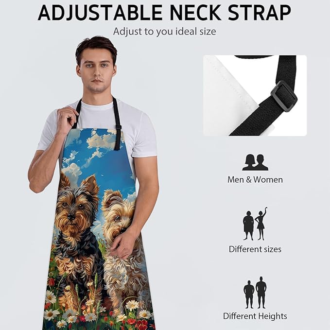 Cute Yorkshire Terrier Dog Apron, Adjustable Kitchen Charming Floral Aprons with Pockets for Cooking BBQ Gardening, 28×33 IN, Holiday Gifts for Women Men Wife, for Chef Baking, Oxford Fabric