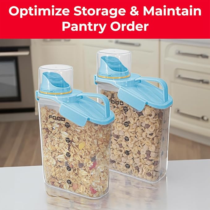 Two Pack Food & Cereal Storage Container - 2.6L Airtight Plastic Kitchen Organizer Bin with Pouring Spout, Measuring Cup Lid, Ideal for Dry Food, Rice, Sugar, Pet Food dispenser - BPA free (Blue)