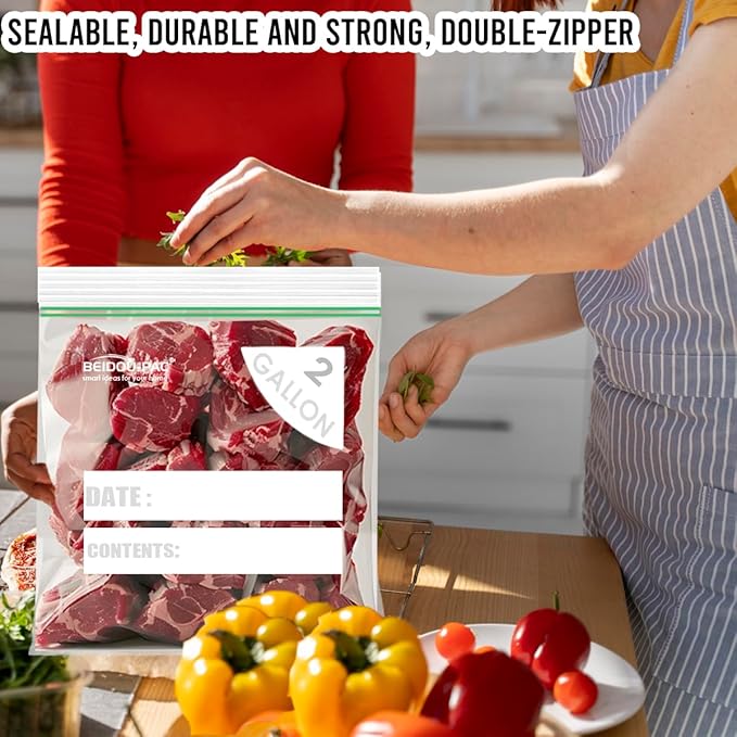 2 Gallon Large Food Storage Freezer Bags, 125 Count | Double Zipper | 13" * 15", Freshness Easy Open Reclosable Clear Plastic Bags