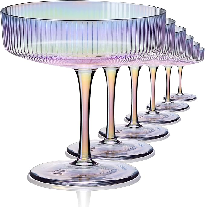CUKBLESS Iridescent Martini Glasses Set of 6, Champagne Coupe Glasses, Hand Blown Vintage Ribbed, Cocktail for Margarita, Whiskey, Dessert, 7 oz