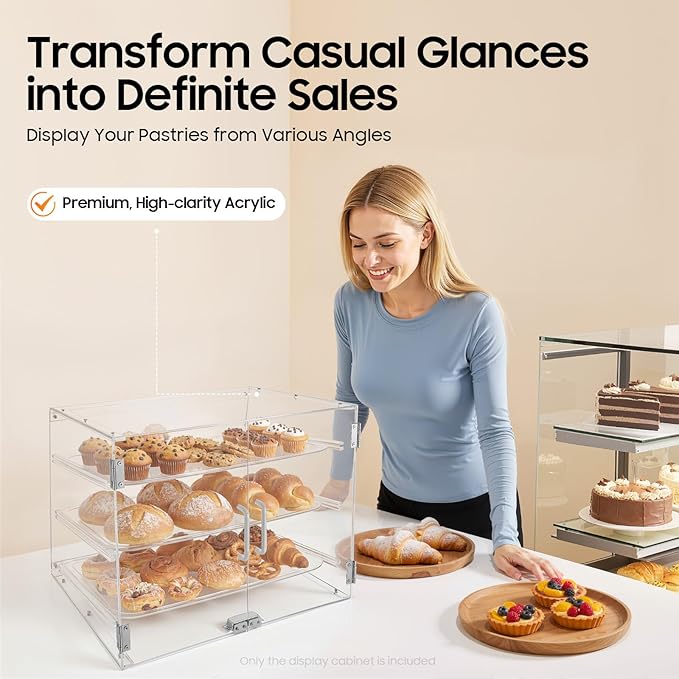 Pastry Display Case, 3-Layer Bread Box For Kitchen Countertop, Clear Bread Storage Container with Magnetic Door, Large Bread Holder Bakery Display Case for Bagel Muffins, 21.3x17.3x16.5 Inch