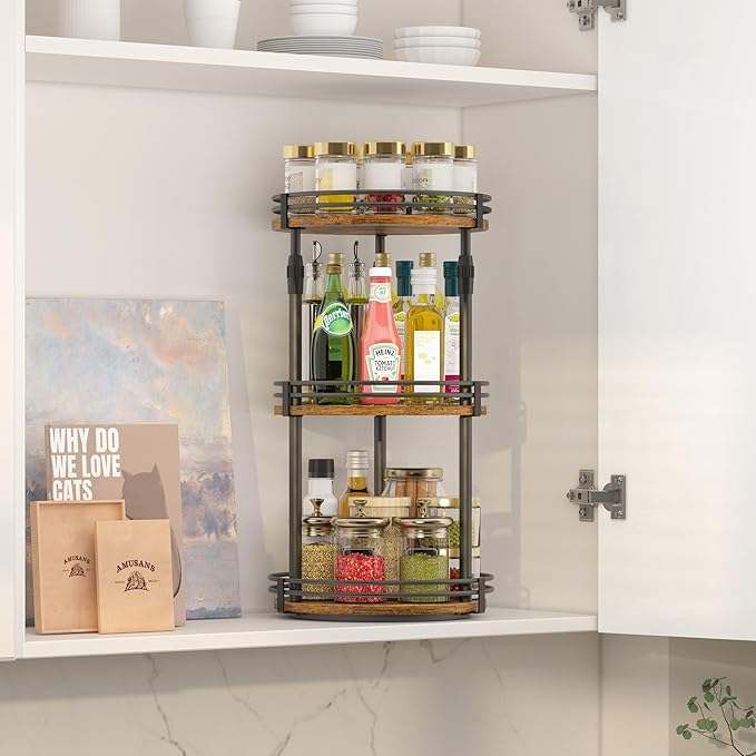 Lazy-Susan-Organizer-Spice-Rack, 3-Tier Adjustable Rotating Spice Organizer For Kitchen-Cabinet-Countertop-Pantry, Turntable Seasoning Holder Storage Shelf