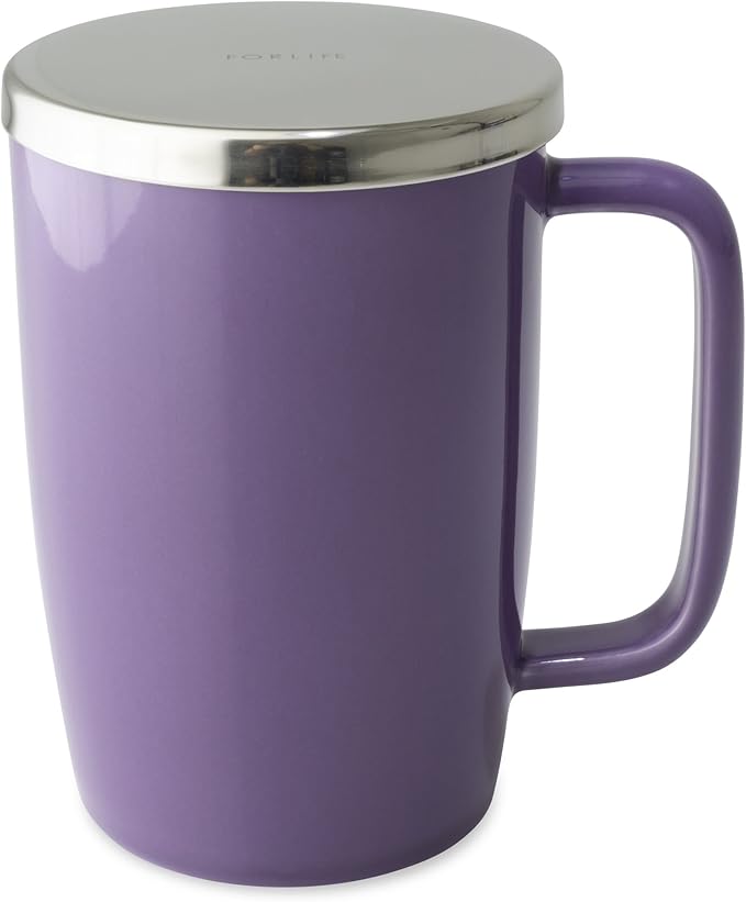 FORLIFE Dew Glossy Finish Brew-In-Mug with Basket Infuser & "Mirror" Stainless Lid 18 oz., Purple