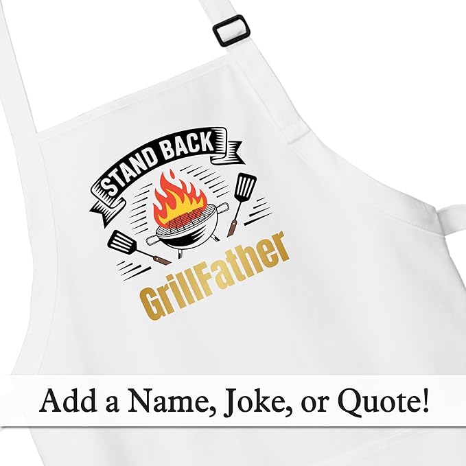 Personalized Medium Length Cooking & Grill Apron – Stand Back Design with Custom Text (1-2 Lines)