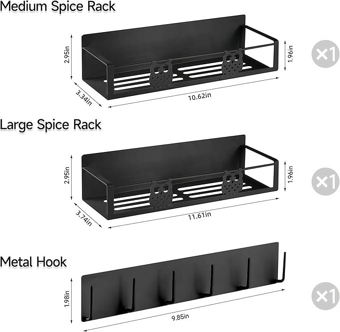Magnetic Spice Rack for Refrigerator Organizers and Storage,Strong Magnet Metal Moveable No Drilling 3 Pack,Space Saving Kitchen Organization Kitchen Shelf with Hooks(Black,Owl)