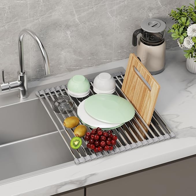 Foldable Over Sink Dish Drying Rack - Stainless Steel Sink Drain Rack with Silicone Edges, Roll-Up Storage for Kitchen, RV, Dorm Sinks (14.5×11.4in)