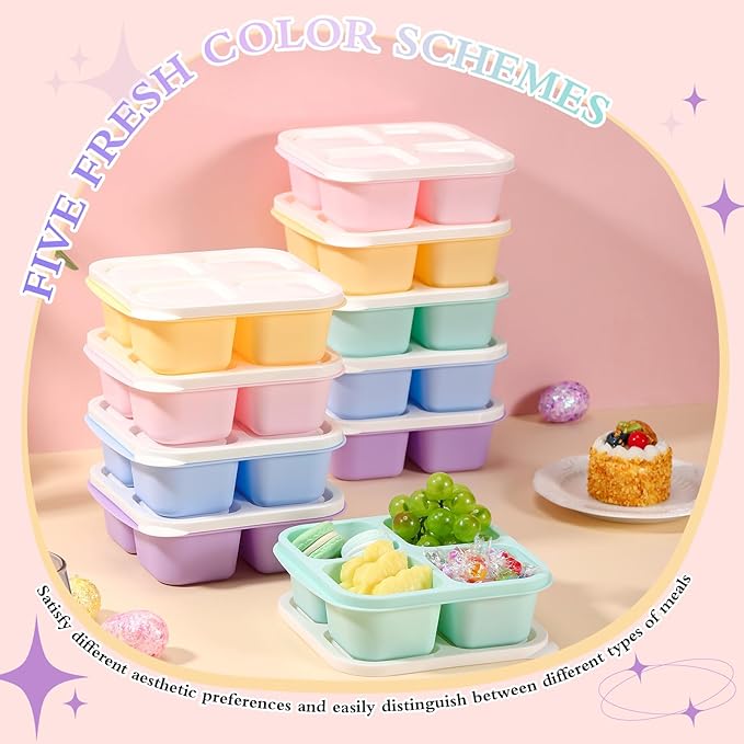 Honeydak 10 Pack Bento Snack Containers 4 Compartment Snack Boxes Reusable Lunchable Containers with Lids Divided Meal Prep Lunch Food Storage Box for School Work Travel