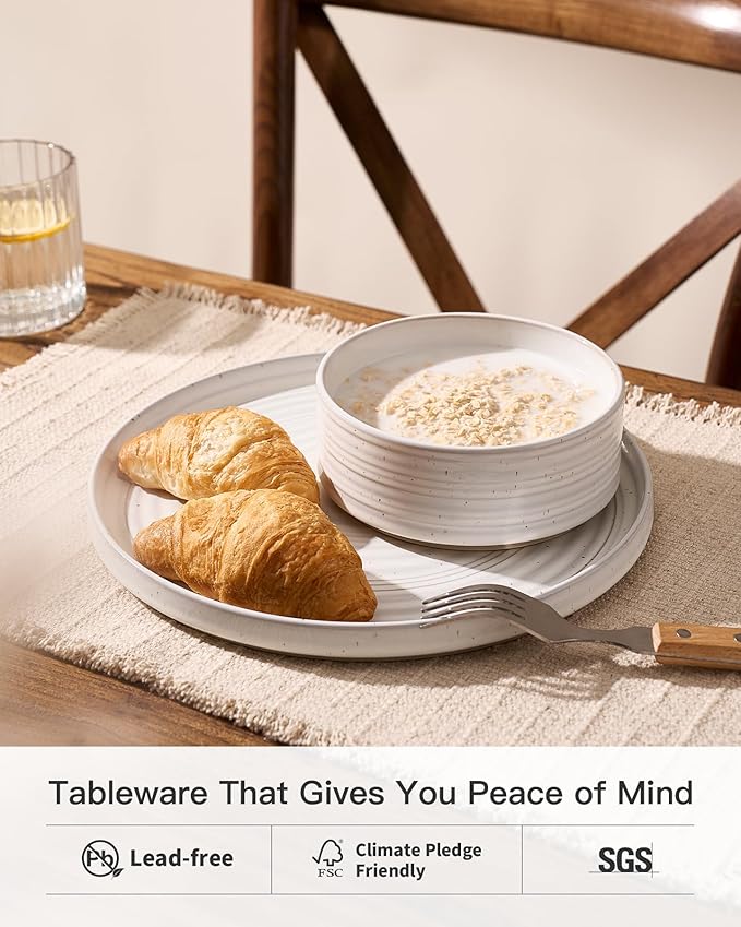 Plates and Bowls Sets for 6, Famiware Premium 18-Piece Stoneware Dinnerware Set, Spiral Dish Set with Straight Rim, Speckles & Reactive Glaze - Microwave & Dishwasher Safe Tableware, White