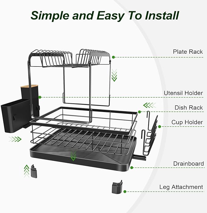 Runnatal 2-Tier Dish Drying Rack, Large Dish Rack with Drainboard Set, Detachable 4-in-1 Large Capacity Dish Drainer Over The Sink Anti-Rust for Kitchen Counter, Black