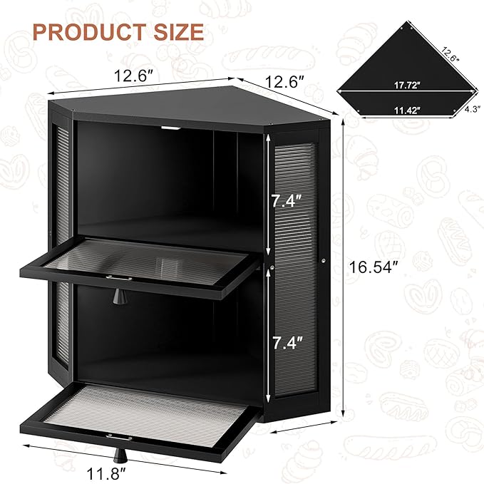 WOWLIVE Corner Bread Box for Kitchen Countertop, Double Layer Bamboo Bread Storage Container, Large Farmhouse Bread box with Acrylic Wavy Door Panel, Under Cabinet Organizer (Black, Extra Large)