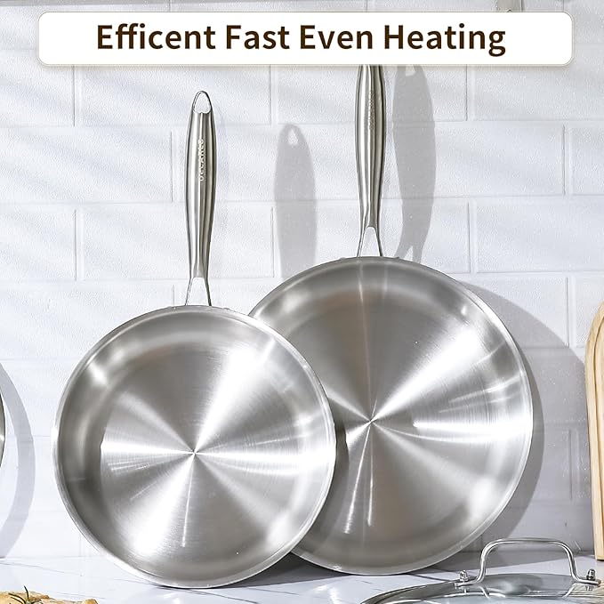 DELARLO Kitchen Whole Body Tri-Ply Stainless Steel Frying Pan, 12 inch,Stainless Steel, Oven safe induction skillet, Pots and Pans set,Suitable for All Stove