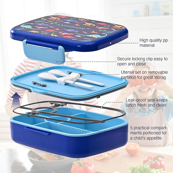 Bento Box for Kids Lunch Box Leak-Proof, Bento Lunch Box with 5 Compartments, Lunch Containers with 3 Silicone Baking Cups, Microwave/Dishwasher Safe (Blue Dinosaur/43OZ)